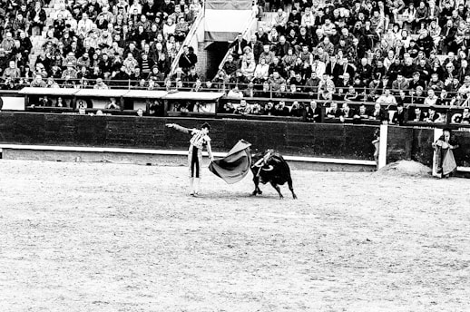 A lively scene of little bullfighters performing in a packed rodeo arena with cheering crowd.