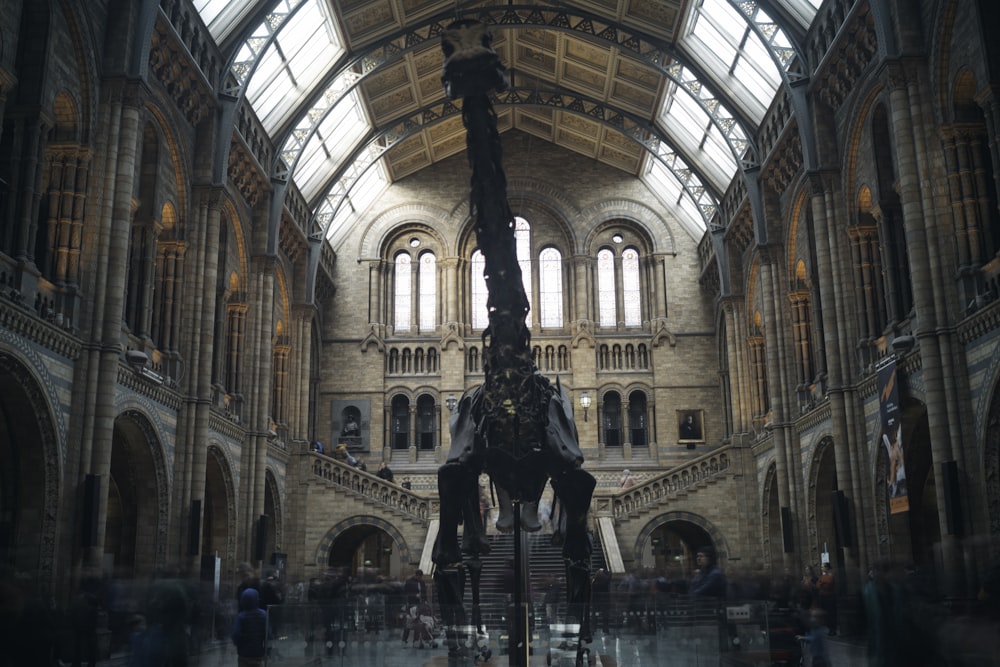 Dinossauro de metal preto dentro do museu cercado de pessoas durante o dia