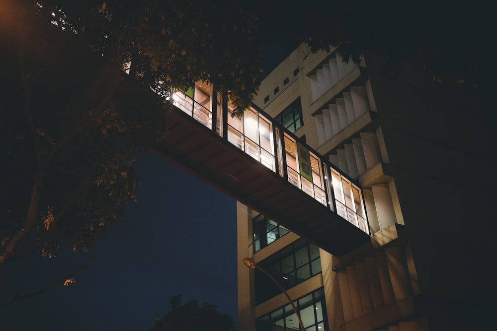 low-angle of lighted building beside tree