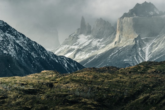 green hills near gray mountains in Torres del Paine National Park Chile