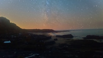 A serene dark academy style landscape with starry skies over an ocean at twilight.