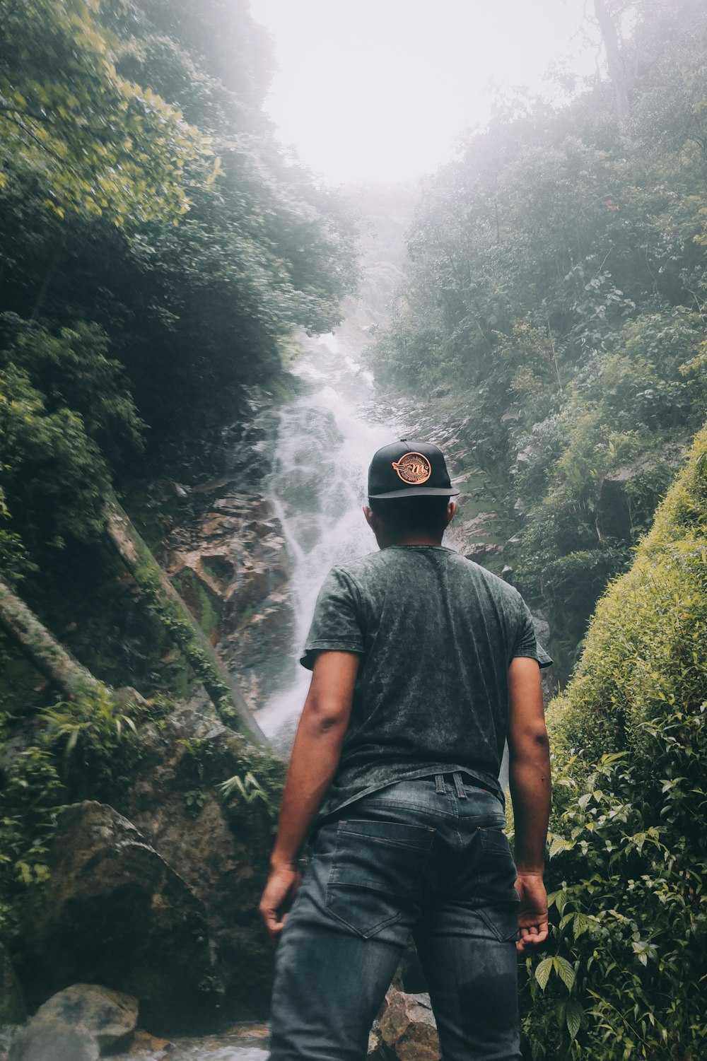 man standing while staring on water falls