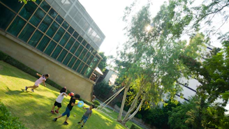 Sunlit school building with children playing happily on the lawn in front.