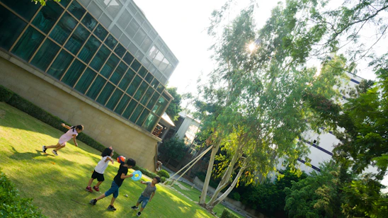 Sunlit school building with children playing happily on the lawn in front.