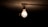 A dimly lit incandescent light bulb hanging from a ceiling with a moth flying close to it in an otherwise dark room.