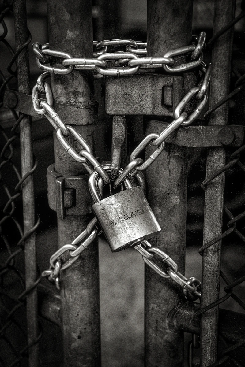Padlock and heavy steel chain on a metal gate