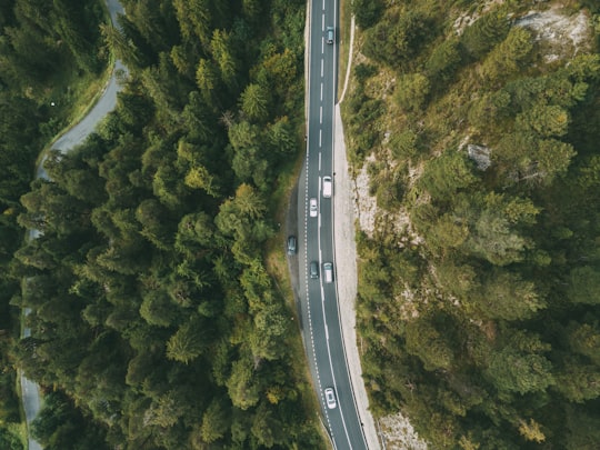 aerial photography of vehicle passing by highway between green trees in Flims Switzerland