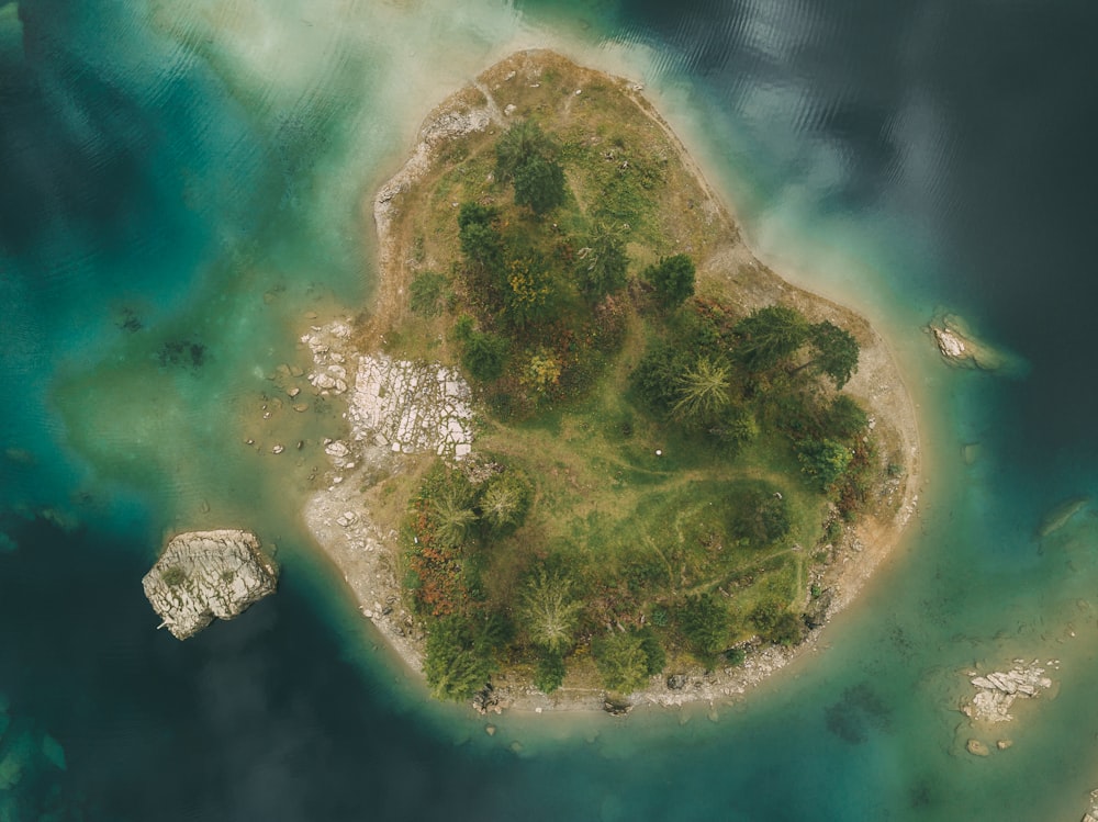Photographie aérienne de l’île verte entourée d’eau