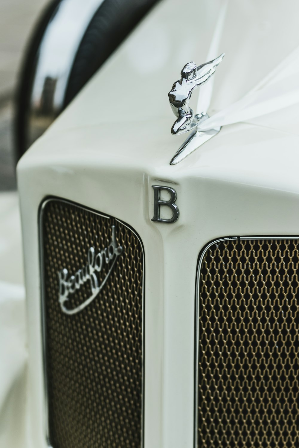 a close up of the emblem on a white car