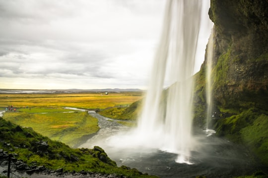 waterfall beside grassland in Geysir Iceland