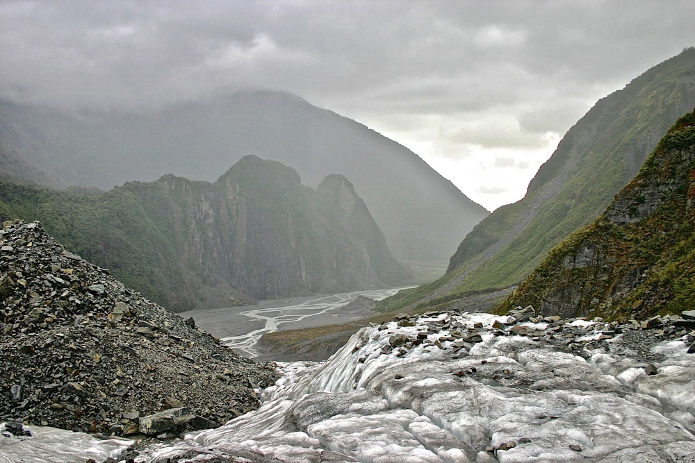 stream near mountains during day