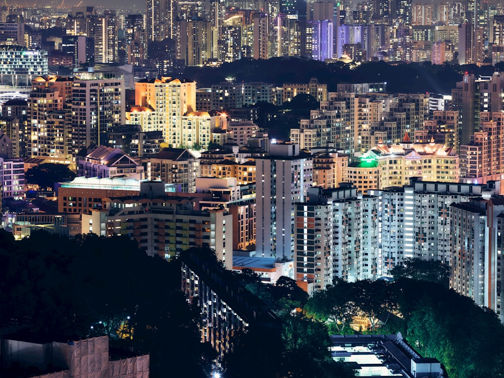 aerial view of buildings with LED lights