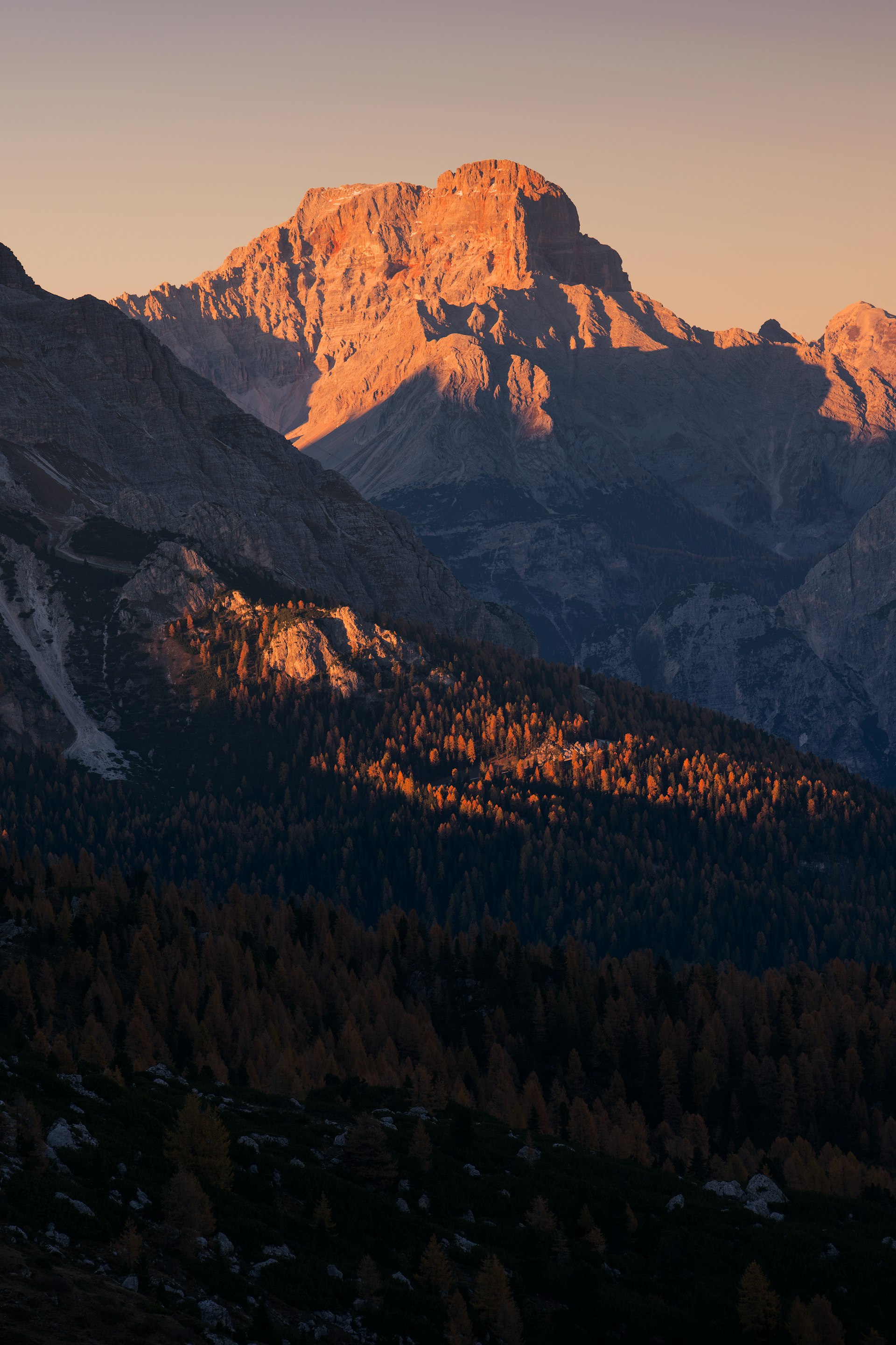 The Dolomites' enrosadira alpenglow, a mountain peak glowing pink-orange at sunset above a forested ridge