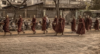 monks marching on street
