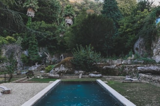 A tranquil outdoor setting with a rectangular pool bordered by concrete and gravel. The scene is surrounded by lush, dense greenery, including tall trees and various shrubs. A single lounge chair is placed beside the pool, indicating a space for relaxation. Natural rock formations and stone paths add an organic touch to the environment.