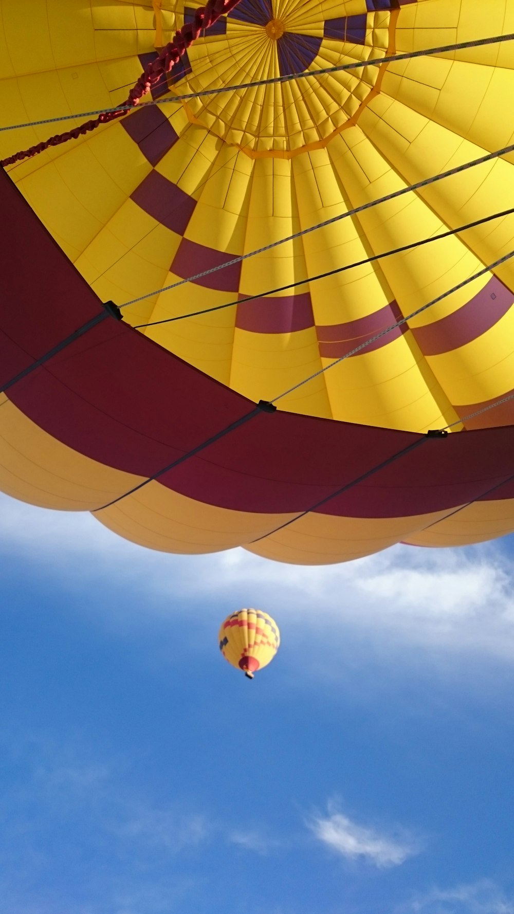 low angle photograph of yellow and red hot air balloon