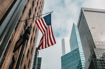 American flag on a city street