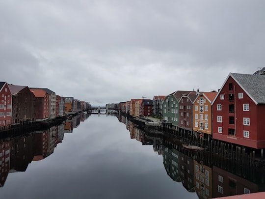 river in the middle of houses in Old Town Bridge Trondheim Norway