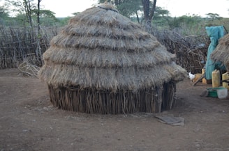 A round thatched hut made of natural materials such as wood and straw is situated on a dirt surface. The structure has a layered, conical roof and is enclosed by a simple fence made of sticks. Nearby, there are containers and cloth materials, with a chicken visible in the scene.