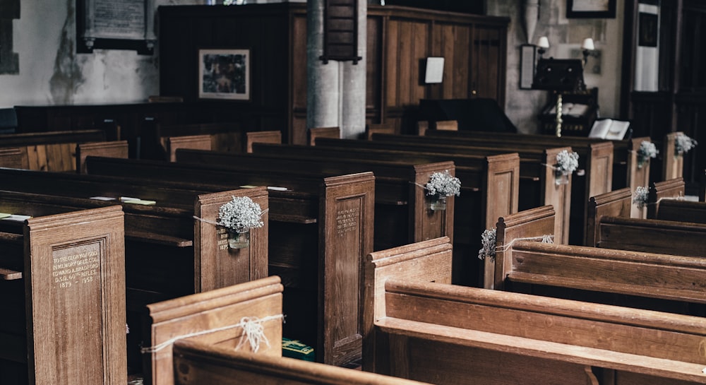 photo of a brown wooden pew lot