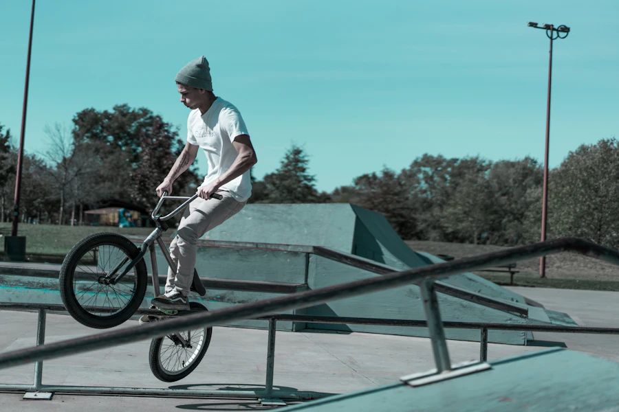 BMX athlete jumping on a bicycle