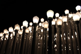 An array of car lamps displayed with a fashionable, dark-themed aesthetic.