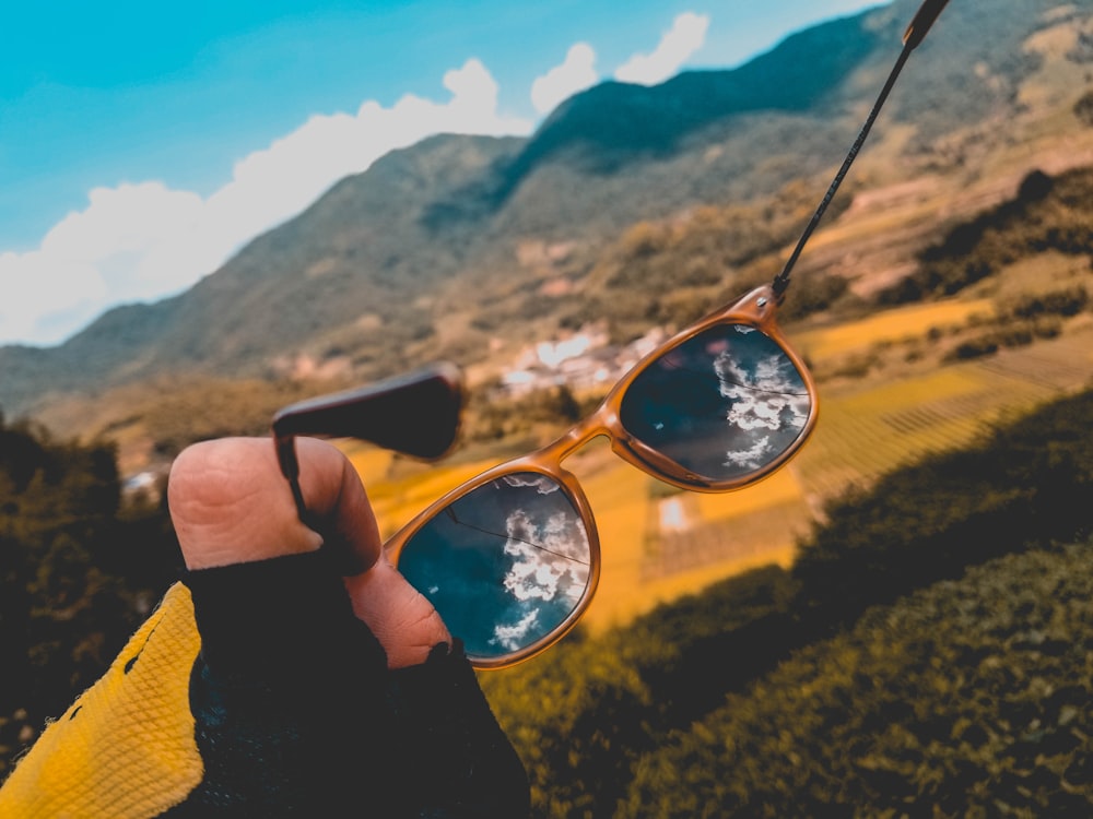 person holding brown framed sunglasses
