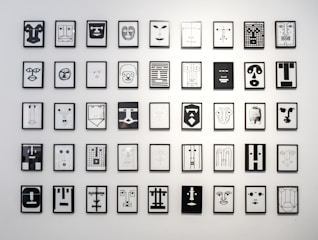 A collection of framed abstract line art drawings is hung in a grid pattern on a white wall. Each drawing features geometric designs resembling stylized faces, using minimalistic lines and shapes in black and white.