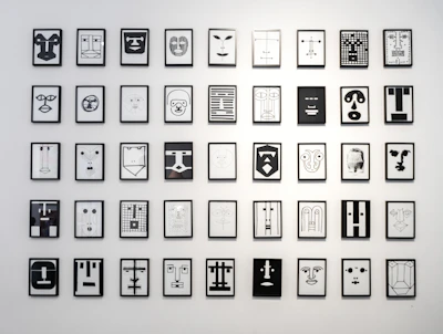 A collection of minimalist black and white line art prints displayed on a wall.