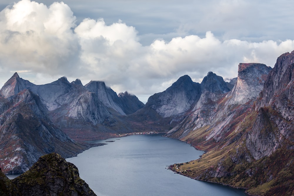 body of water surrounded mountain peak