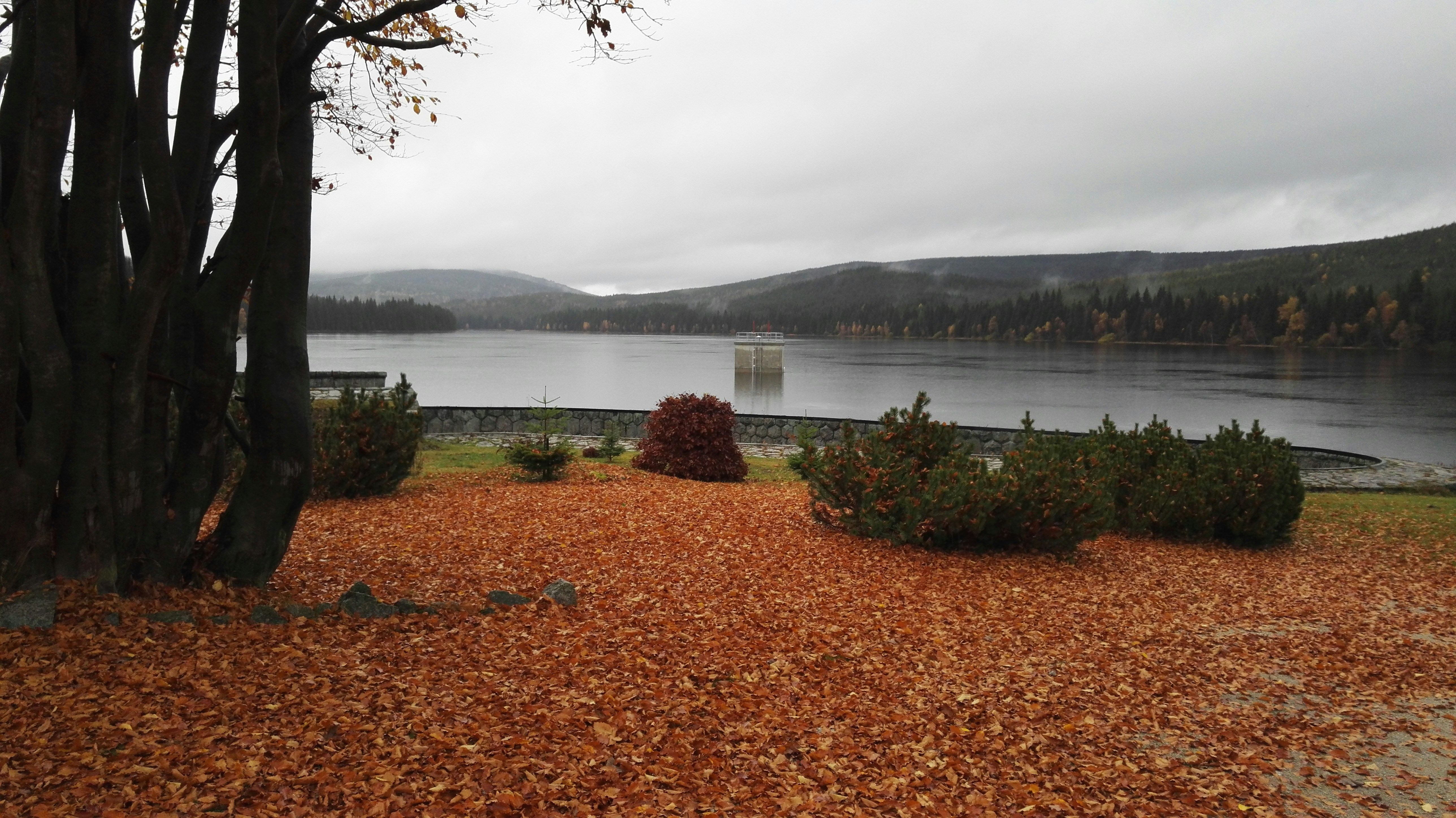 Wilderness lake surrounded by autumn forest, dramatic clouds, remote backcountry landscape