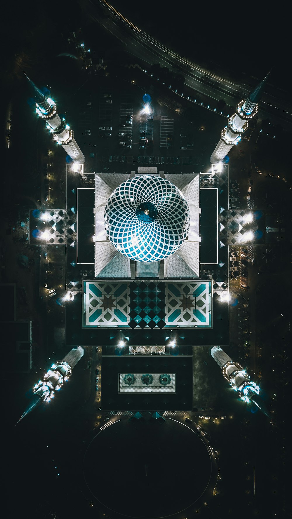 birds eye view of blue and white mosque