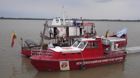 A red fire rescue boat with various equipment and hoses is docked on a calm body of water. The boat has flags on either side and several people in uniform are aboard. The background shows a cloudy sky and a distant tree-lined shoreline.