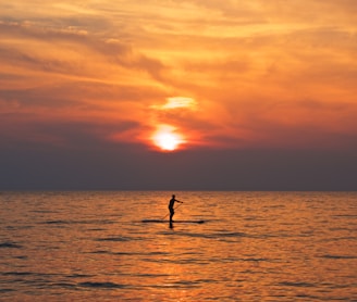 silhouette of person on boat holding paddle during golden hour