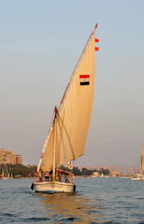 A serene view of the Nile River with traditional feluccas.