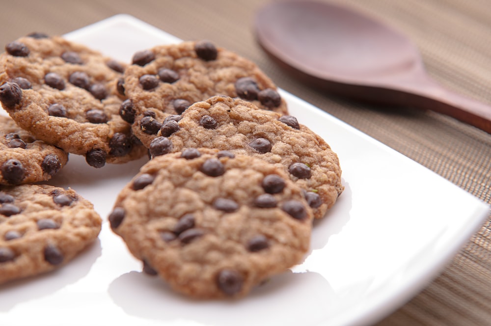 close-up photography of brown cookies on white ceramic palte