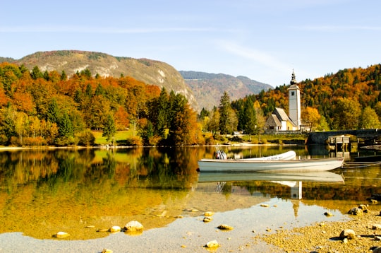 white boat on body of water in Krtina Slovenia