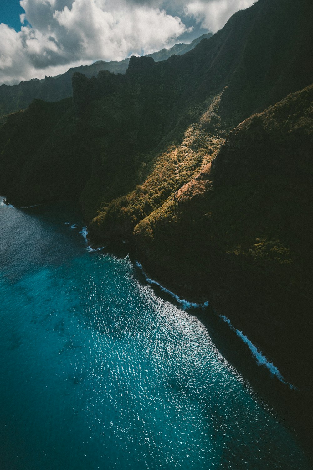 bird's eye view of mountain and ocean