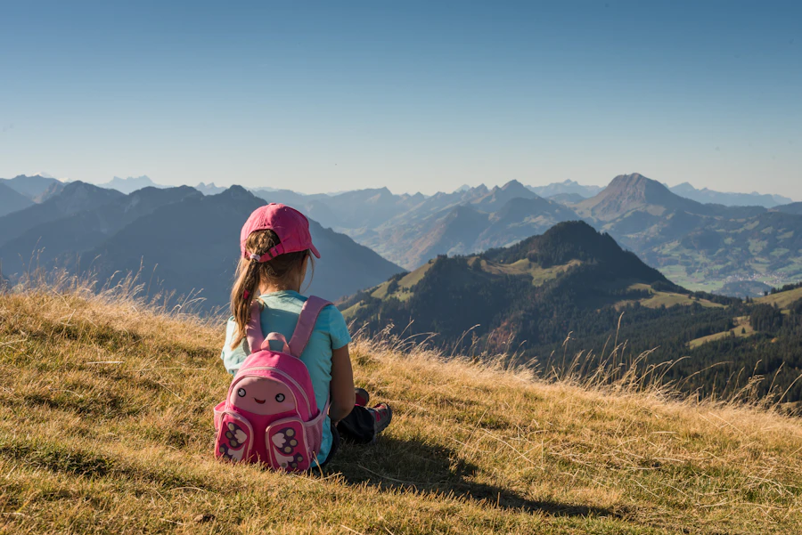 A child with a backpack looking out over a mountain range