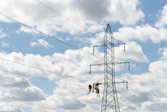 A large metal electricity pylon stands against a partly cloudy blue sky. Several power lines stretch horizontally across the view. Two workers are suspended mid-air on a platform, possibly performing maintenance or installation tasks on the pylon.