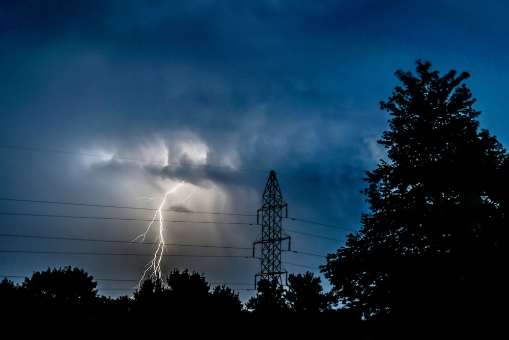 silhouette photo of trees near electric tower under lightning