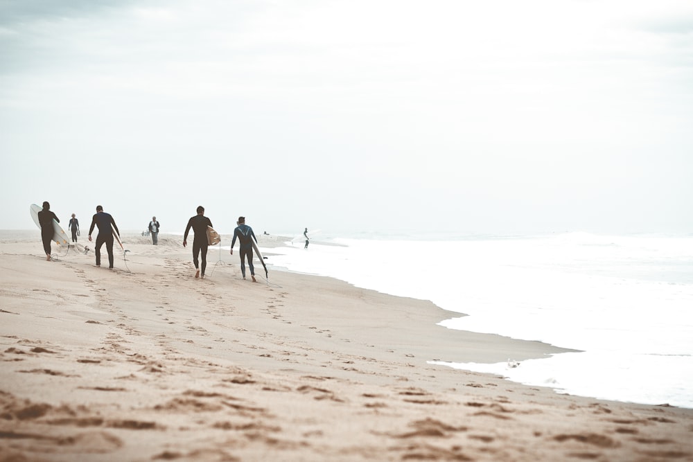 Quatre hommes tenant une planche de surf sur le rivage