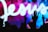 A silhouette of a person raising their hand in front of a vibrant background featuring the word 'Jesus' in large, flowing white script. The background displays a mixture of blue, pink, and purple hues.