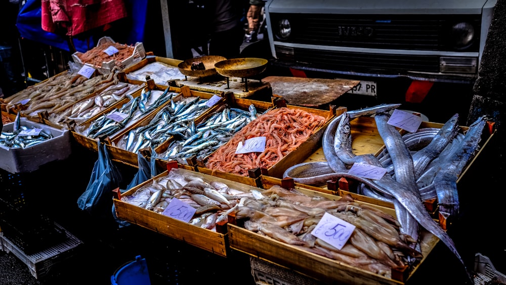 Verschiedene Fischauslagen auf dem Markt