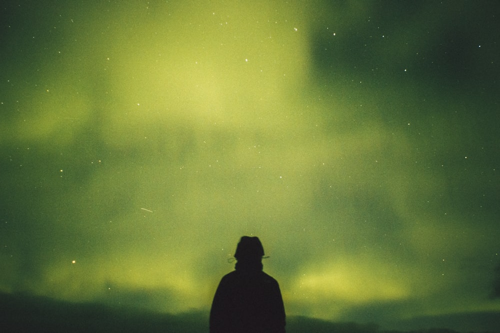 person standing under green aurora borealis
