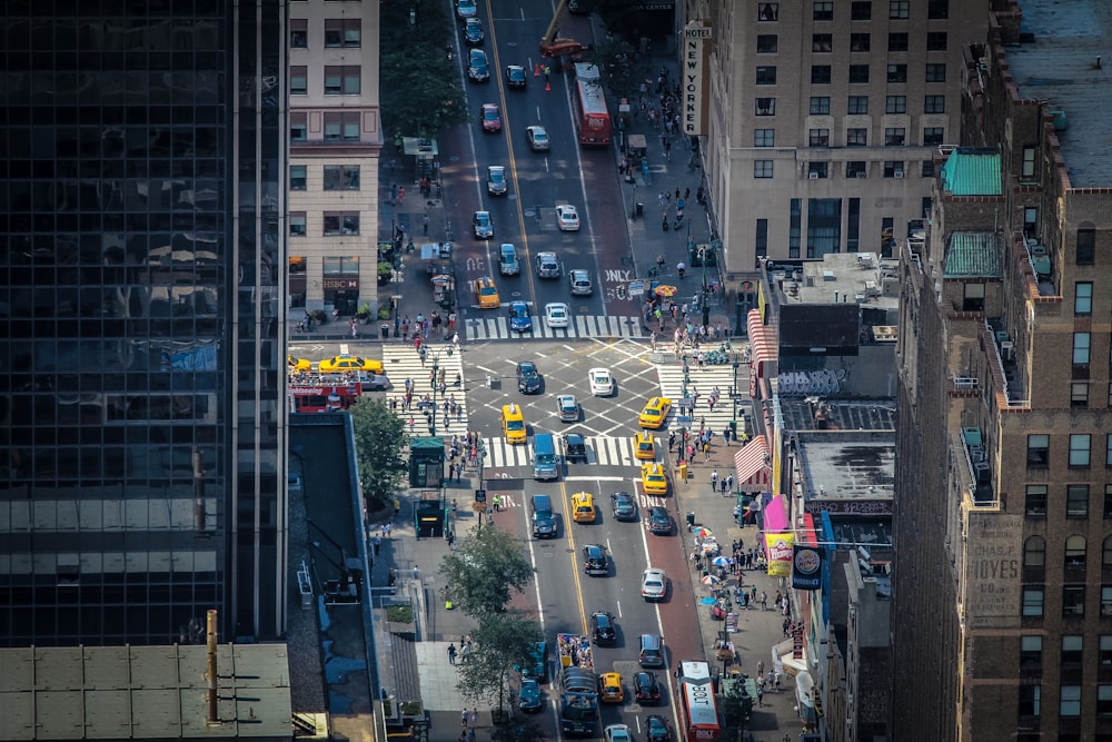 aerial photography of parked vehicle between buildings