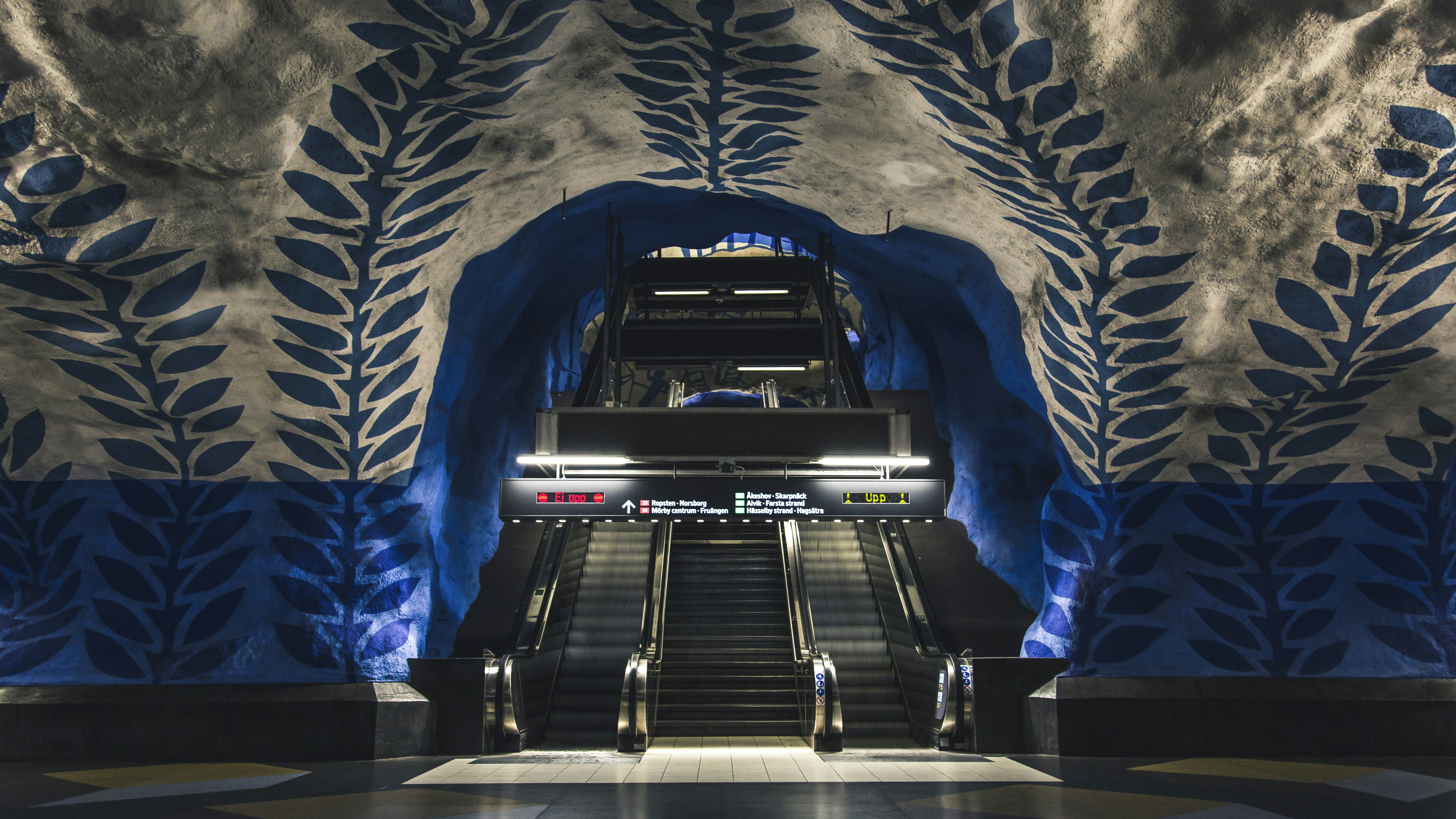 Underground Metro tube stations escalators, Sweden, Stockholm subways.