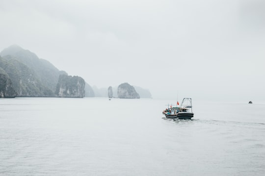 black and white boat near rock formation in Ha Long Bay Vietnam
