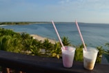 Two plastic cups with long straws sit on a wooden railing, overlooking a tropical beach with clear blue skies and a calm sea. The shoreline curves gently into the distance, bordered by lush green palm trees. People can be seen enjoying the beach and swimming in the water.