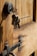 A close-up view of a wooden door with a metal lock and keys hanging from it. The keys are inserted into the lock, and the metal latch on the door is visible.